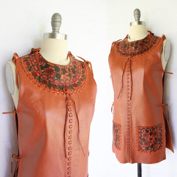 1960 Char Santa Fe Mexico Leather vest poncho Jacket Hand Painted Whip stitched